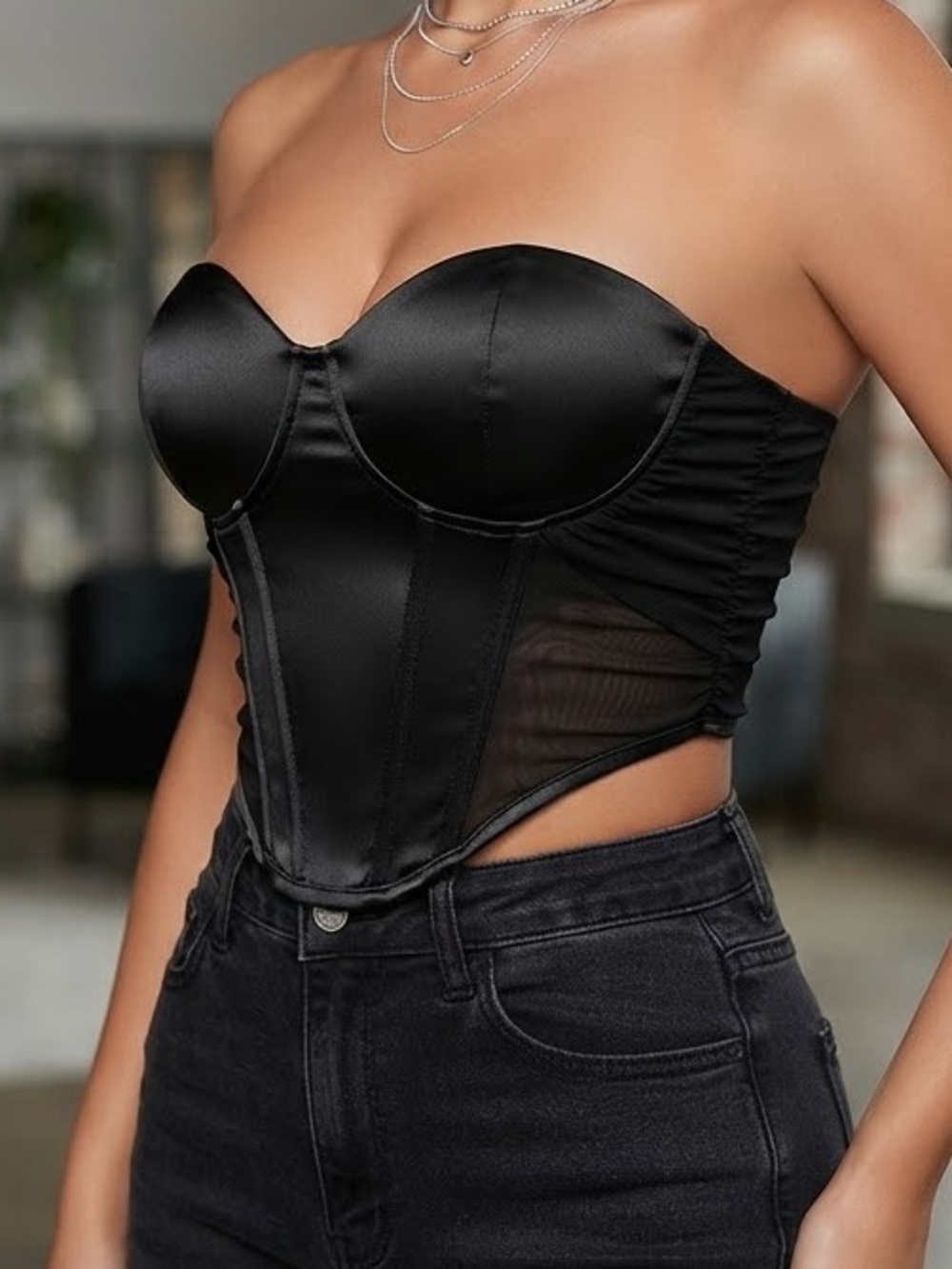 SHEIN Black Satin Strapless Corset Bustier Crop Top